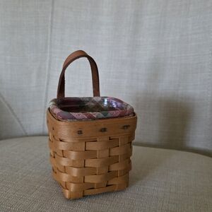 Longaberger Brown Woven Basket with Multicolor Red And Green Fabric Liner